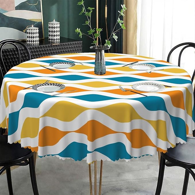 Laeacco 70 Inch Geometric Round Tablecloth Blue and Orange Waved Stripes Modern Abstract Art Print Table Cloth Washable Waterproof Wrinkle Free Table Cover for Kitchen Dining Picnic Party Decoration