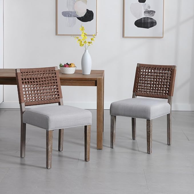 Farmhouse Dining Chairs Set of 4 Linen Fabric Upholstered Accent Side Chair, Mid Century Modern Kitchen & Dining Room Chairs with Woven Rope Back for Home, Living Room, Bedroom - Grey