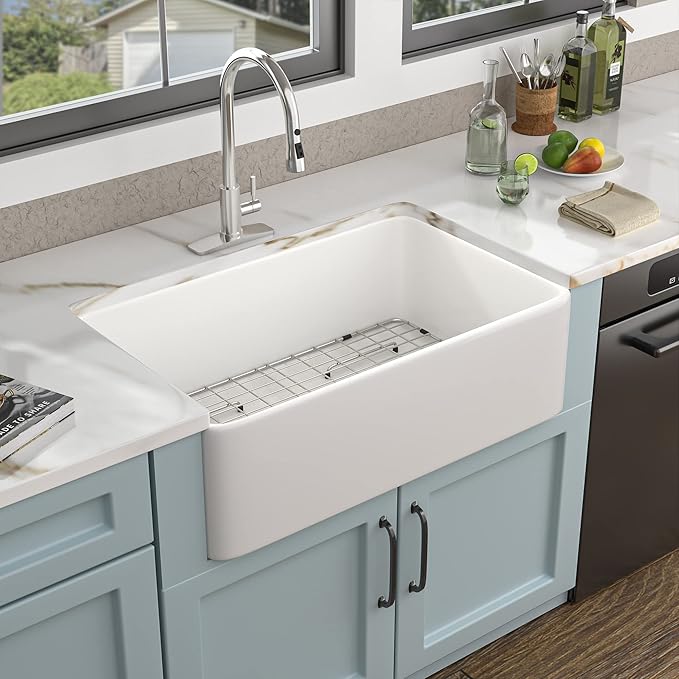 36 Farm Sink White - Fulorni 36"x20" Farmhouse Kitchen Sink Flat Apron Front White Ceramic Porcelain Fireclay Deep Single Bowl Farmer Kitchen Sink Basin