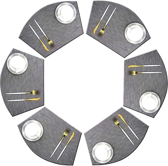 Wedge Placemats for Round Dining Table Woven Vinyl Easy Wipe Plastic Non Slip Table Mats Set of 6（Grey）