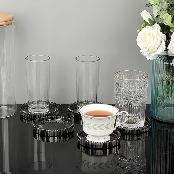 JUXYES 5 Pack Crystal Black Coasters Round Cup Mat, Glass Coasters for Drinks Coffee Tea Wine, Decorative Wine Bottle Coaster, Crystal Drink Coaster for Restaurant bar Kitchen Dining Table