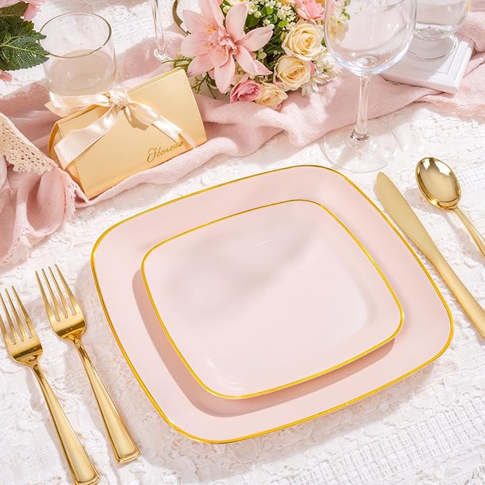 bUCLA 50PCS Pink and Gold Plastic Plates - Heavy Duty Square Pink Disposable - Include 25 Dinner & 25 Dessert Plates for Party & Valentines Day