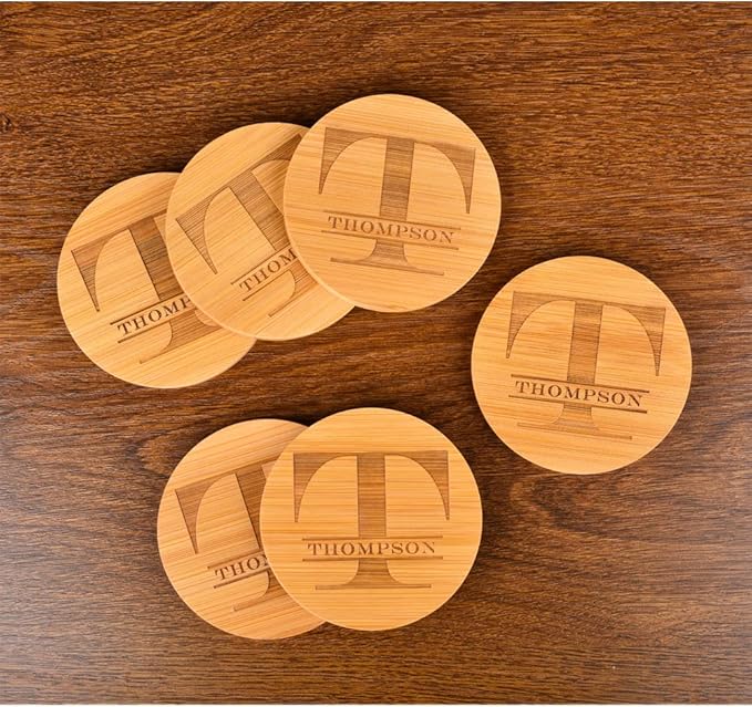Personalized Coasters, Custom Engraved Coasters, Bamboo Coasters for Drinks, Monogram Coasters with Holder, Great Gifts for Relatives, Friends or Yourself (T, Set of 4)