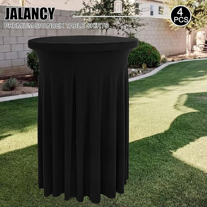 4 Packs 32 x 43 Inch Spandex Round Cocktail Table Skirts with Wavy Drapes Stretch Cocktail Tablecloth Fitted High Top Tables for Wedding Bar Party Banquet (Black)