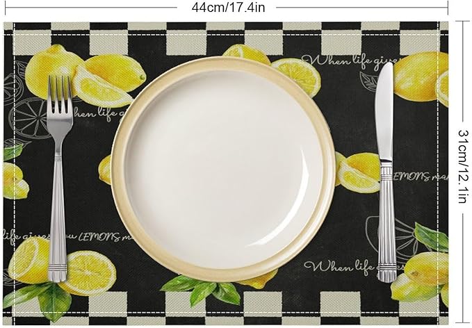 Vintage Lemon Placemat Set, Rustic Farmhouse Yellow Orange Fruit Leaves Black White Plaid Quotes Seamless Pattern Home Decor Linen Table Mats for Dining Room Kitchen Party (17x12in) x6P