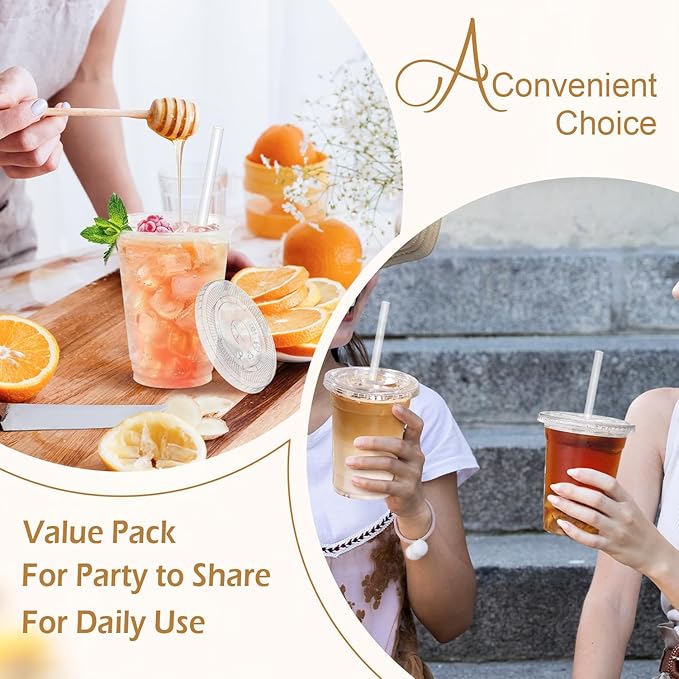 12 oz 100 Pack Plastic Cups with Lids and Straws, Sturdy Food Safe Iced Clear Coffee Cups Disposable Smoothie Cups for Cold Drinks