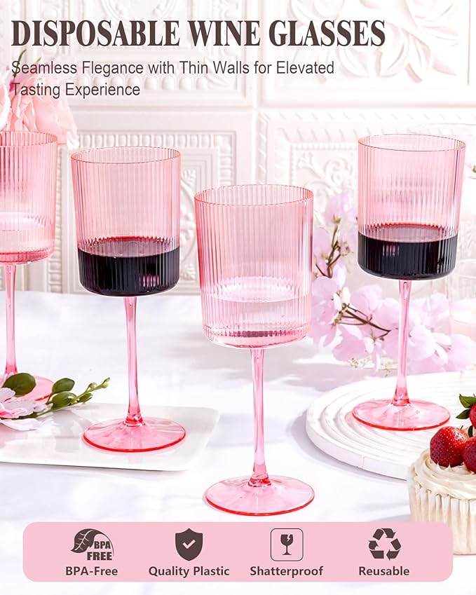 Ciaell 12 PCS Pink Plastic Ribbed Wine Glasses - 10 OZ Plastic Square Wine Glasses with Stem - Disposable Champagne Cups for Parties & Weddings & Valentine's Day