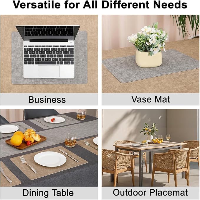 Myir JUN Reversible Vinyl Placemats Set of 6, Faux Leather Place Mats Dual Sided Waterproof Oilproof Wipeable, Heat-Resistant Table Mats for Kitchen Dining Indoor Outdoor (12" x 17", Light Gray Beige)