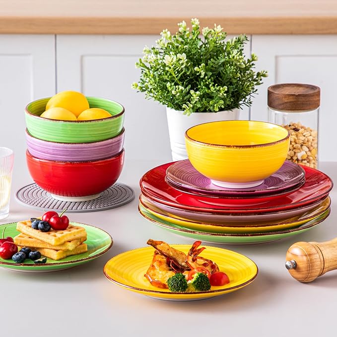 vancasso Bonita Dinnerware Set Muticolor Stoneware 12 Pieces Service for 4, Handpainted Spirals Pattern Stoneware Plates and Bowls Set