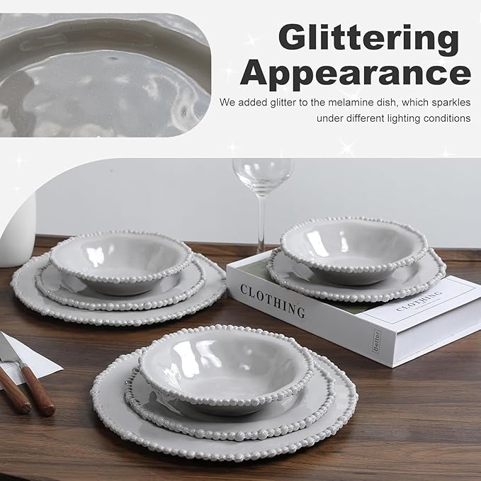 Grey Pearl 12-Piece Melamine Dinnerware Set - Unbreakable Plastic Plates & Bowls, Service for 4, Dishwasher Safe, Lightweight Shatterproof Tableware for Indoor/Outdoor Use