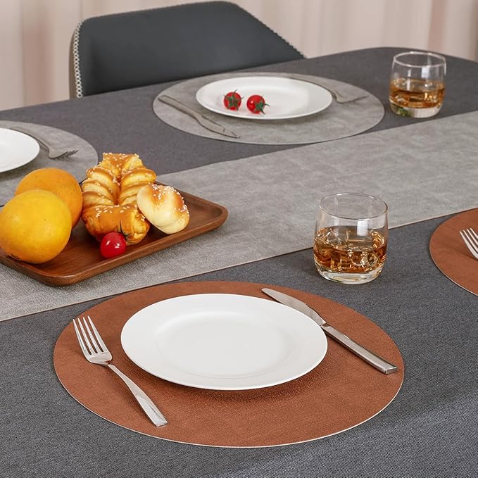 Myir JUN Reversible Vinyl Round Placemats Set of 8, Faux Leather Place Mats Dual Sided Waterproof Wipeable, Heat-Resistant Table Mats for Kitchen Dining Indoor Outdoor (14", Light Gray Reddish Brown)