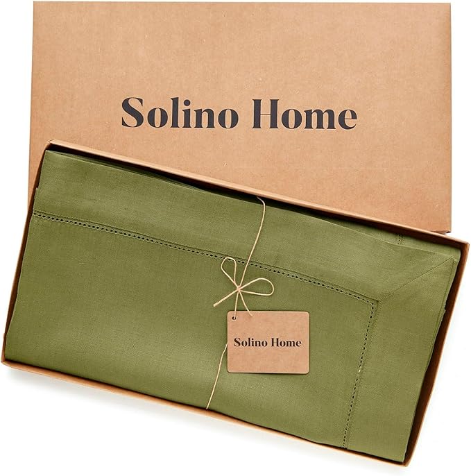 Solino Home Linen Tablecloth 60 x 90 Inch - Classic Hemstitch 100% Pure Linen Avocado Green Table Cloth for Rectangle Tables - Machine Washable Tablecloth for Winter, Spring, Easter, St Patricks Day