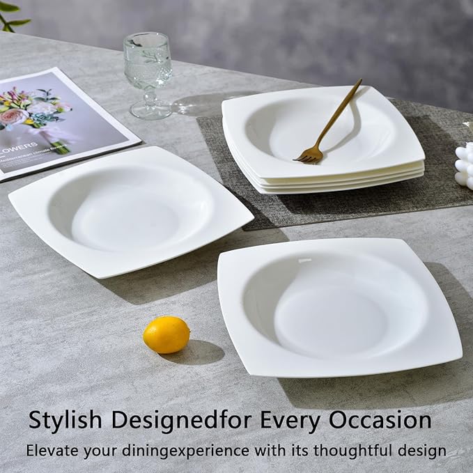 JWANGYUDG-White Square Dinner Plates Set of 6, 10 Inch Fine Bone China Ceramic Plates, Oven & Microwave Safe Scratch Resistant Large Dinner Plates for Home Party