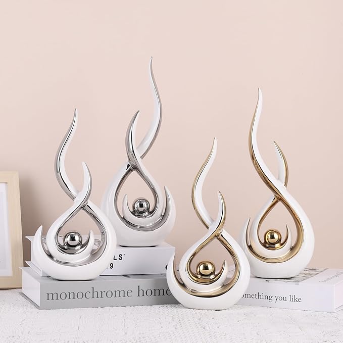 Ceramic Abstract 2 Piece Statue Set, White and Gold Home Decor Accents for Home Decor Statue Mantel Shelf Decor Unique Shelf Decor on Mantel, TV Cabinet Divider Table Top and Dining Table Centerpiece.