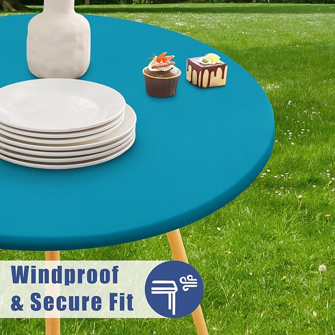 Round Spandex Tablecloth, Elastic Fitted Waterproof Tablecloths for 42"-50" Tables, Stretch Washable Picnic Table Cover for Camping, Dining, Indoor and Outdoor, Turquoise