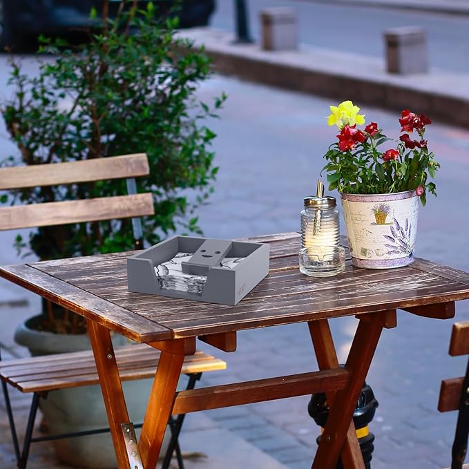 Bamboo Flat Napkin Holder with Weighted Arm Decorative Napkin Tray Dispenser for Table Kitchen Bathroom Dinning (grey)