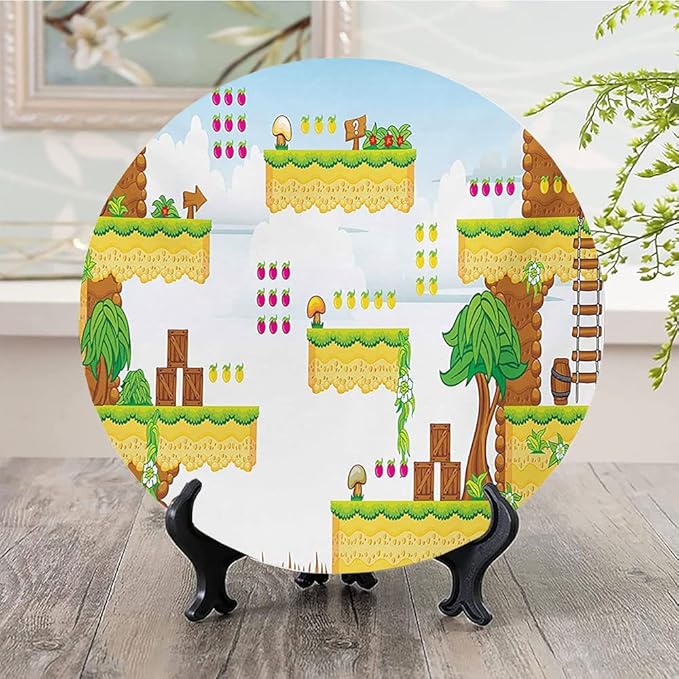 Ceramic Display Plate, Video Games Ceramic Hanging Decorative Plate, Cartoon Retro Computer Graphic Kids Western, 10 Inch, Household Custom Ceramic Plate, Multicolor