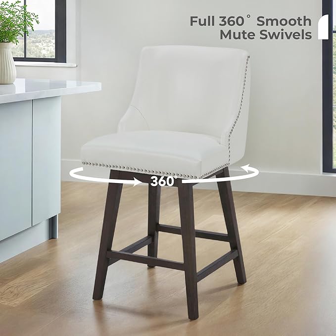 CHITA Counter Height Swivel Bar Stools Set of 4, FSC Certified Upholstered Counter Stools, Modern Swivel Barstools with Wood Legs for Kitchen Island, 26" Seat Height, Faux Leather in White