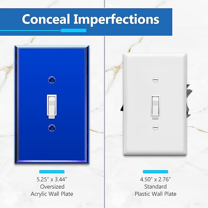 LIDER Toggle Switch Acrylic Wall Plate, Mirrored Light Switch Plate, Plexiglass Switch Cover, Mirror-like Reflective Finish, Modern Upgrade, Oversized 1-Gang 5.25" x 3.44", Blue, 5 Pack
