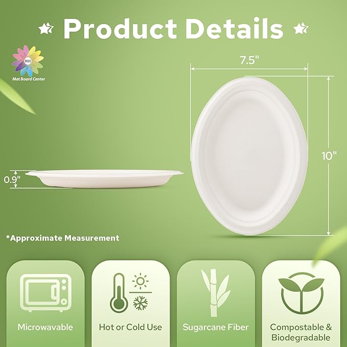 Mat Board Center, 10x7.5 Inch, 500-Count, Compostable Plates, Natural Bagasse (Sugarcane Fiber), Everyday Tableware - Disposable - Oval Shape - Microwave-Safe - Gluten-Free - Eco-Friendly