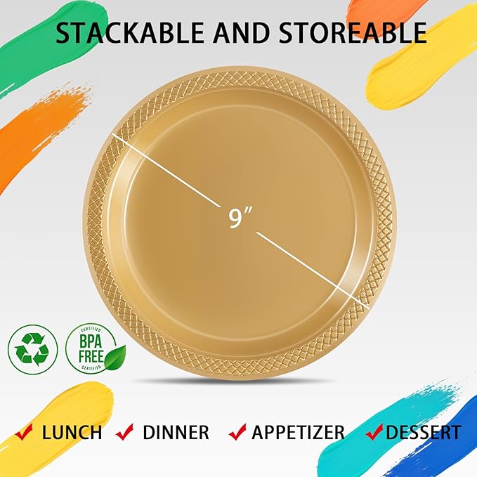 WELLIFE Gold Party Plates 9 Inch -150 Count, Disposable Plastic Dinner Plates for Party Dessert Cake Wedding Engagement Birthday