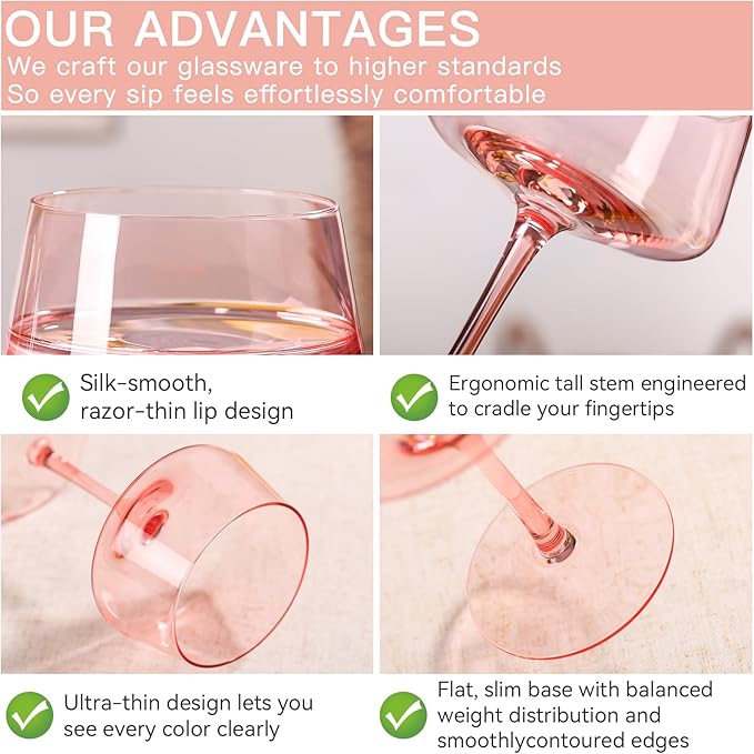 Pink Coupe Glasses Set of 6-13 oz Large Capacity Martini Glassware - Versatile Tall Cocktail Glasses- Hand-Blown Colored Champagne Coupe Glass-Art Deco Cocktail Glasses Set-Wedding Gifts