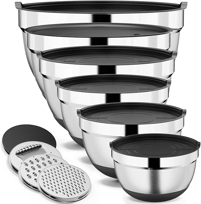 9 Pack Mixing Bowls with Airtight Lids Set, Stainless Steel Mixing Bowls with Grater Attachments, Nesting Kitchen Bowl Set with Non-Silp Bases, Size 5, 4, 3, 2, 1.5,1QT, Black