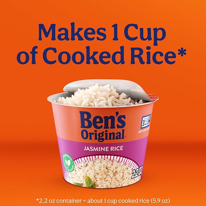 BEN'S ORIGINAL Jasmine Rice Single Serve Cup, Snack or Side, Microwave in 3.5 Minutes, 2.4 oz (Pack of 8)