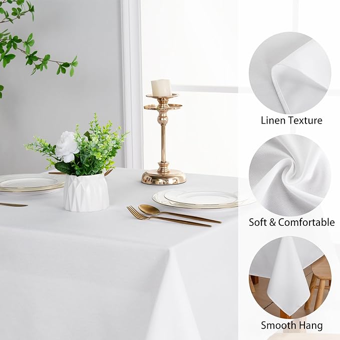 JIUZHEN Faux Linen Rectangle Tablecloth, Wrinkle Stain Resistant Farmhouse Textured Table Cloth Decorative Fabric for Kitchen, Dining, Party, Wedding,Outdoor Use,70 x 90 Inch,White