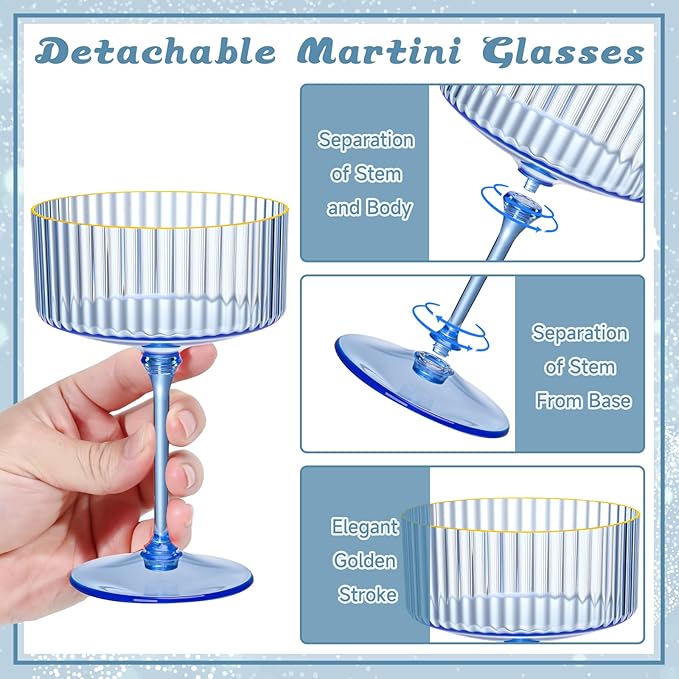 XUWAIDSGN 24 Pcs Champagne Martini Glasses 9 Oz with Gilded Removable Gold Rim Coupe Glasses Pink Martini Glasses Plastic Mimosa Vintage Coupe Glasses Set For Wedding Anniversary (24, Clear Blue)