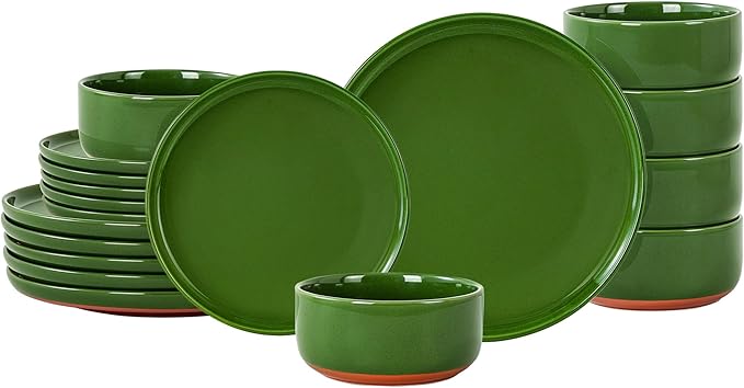 GZG Modern Art Series - 18 Pcs Speckled Stoneware Plates and Bowls Sets, Ceramic Dinnerware Set with Rustic Terracotta Underside, Microwave and Dishwasher Safe Handcrafted Dishes Set - Verdant Green