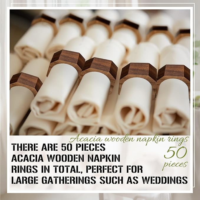 Zhehao 50 Pcs Wood Napkin Rings Bulk Acacia Handmade Dining Table Napkin Holder Buckles for Winter Spring Valentine's Day Wedding Dinner Harvest Holiday Table Decoration(Octagon,Brown)