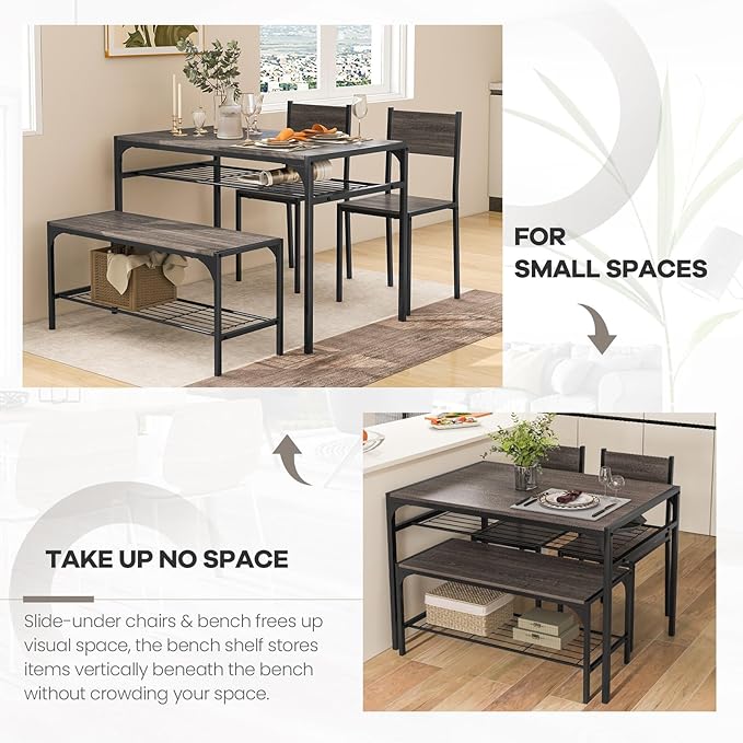 NAFORT Kitchen Table Set for 4, Space-Saving 4-Piece Dining Table Set with Bench and 2 Chairs, Industrial Rectangular Dining Room Set with Storage Shelves for Apartment, Kitchen&Dining, Restaurant