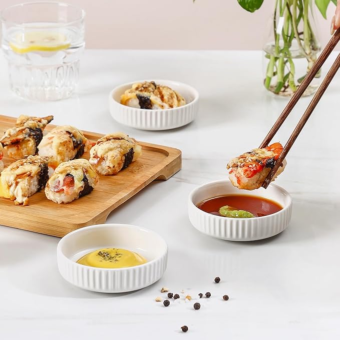 Selamica Ceramic Soy Sauce Dish, 2.6 Oz Dipping Bowls Set of 6, 3.5 Inch Pinch Bowls for Dip, Side Dish, Condiments, Sushi, Set of 6, White