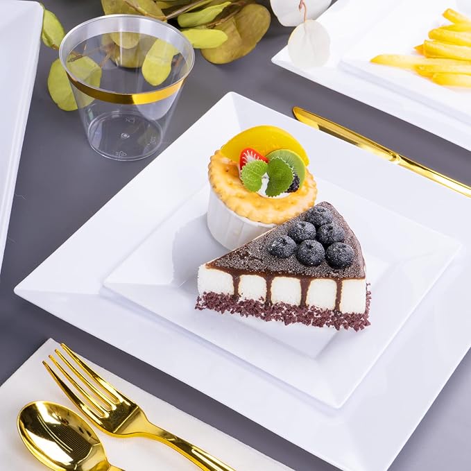 Goodluck 60 Pack Disposable Square Plastic Plates - Heavy Duty Dinner (9.5") & Dessert (6.5") Plates - Fancy for Wedding, Holiday, Birthday - White
