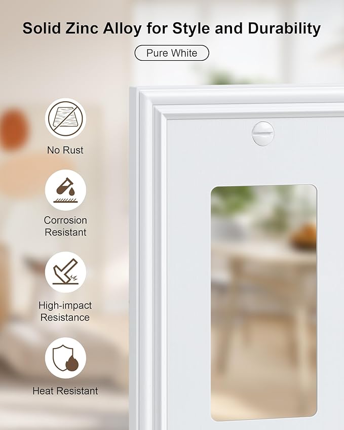 4-Pack Decorator Outlet Cover Plate, Pure White Decorative Switch Plates and Outlet Covers, Durable Zinc Alloy Wall Plates for Electrical Outlets, Receptacle, GFCI Outlet, Dimmer Switch