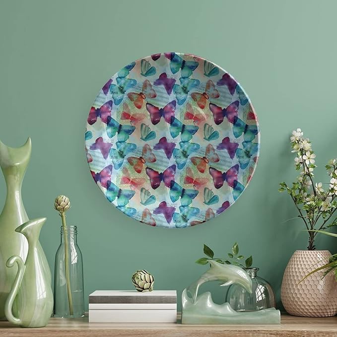 Ceramic Display Plate, Abstract Ceramic Hanging Decorative Plate, Watercolor Rainbow Colored Butterflies and Letterings Music, 7 Inch, Living Room Kitchen Decoration Household, Multicolor