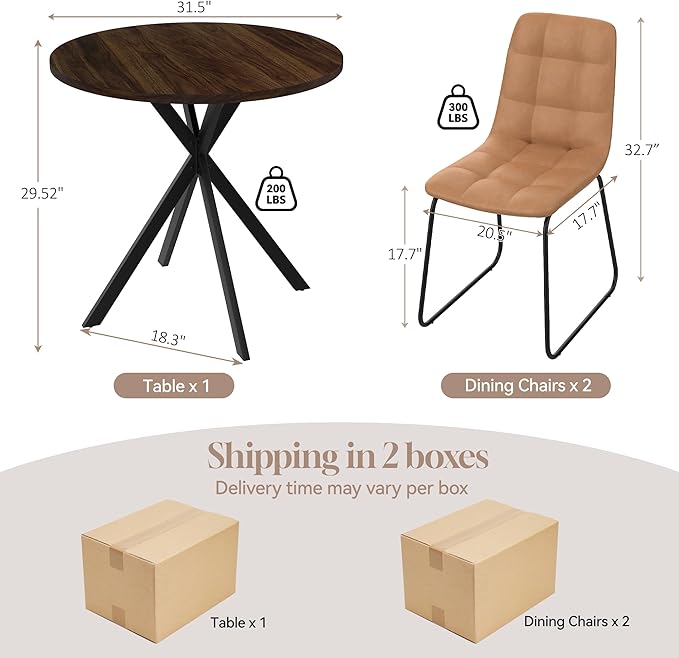 31.5" Round Dining Table Chairs Set for 2, Small Dining Table Chairs Set Space-Saving, Small Dinette Sets for 2 for Kitchen Dining Room Apartment(Walnut Table + Brown Chairs)