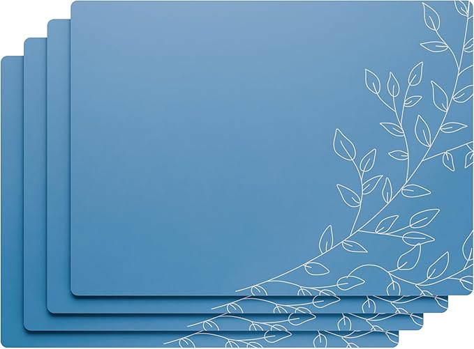 Royalty Art Dark Steel Blue Boho Placemats, 4 Pc. Set, Non-Slip Cork Backed, Wipeable Heat Resistant Surface for Kitchen and Dining Table Protection, Cute Floral Pattern for Farmhouse or Rustic Decor