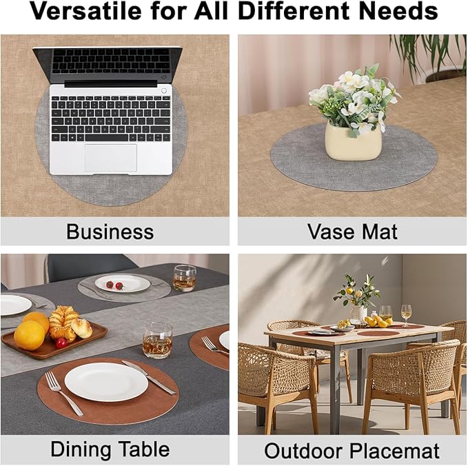 Myir JUN Reversible Vinyl Round Placemats Set of 6, Faux Leather Place Mats Dual Sided Waterproof Wipeable, Heat-Resistant Table Mats for Kitchen Dining Indoor Outdoor (14", Light Gray Reddish Brown)