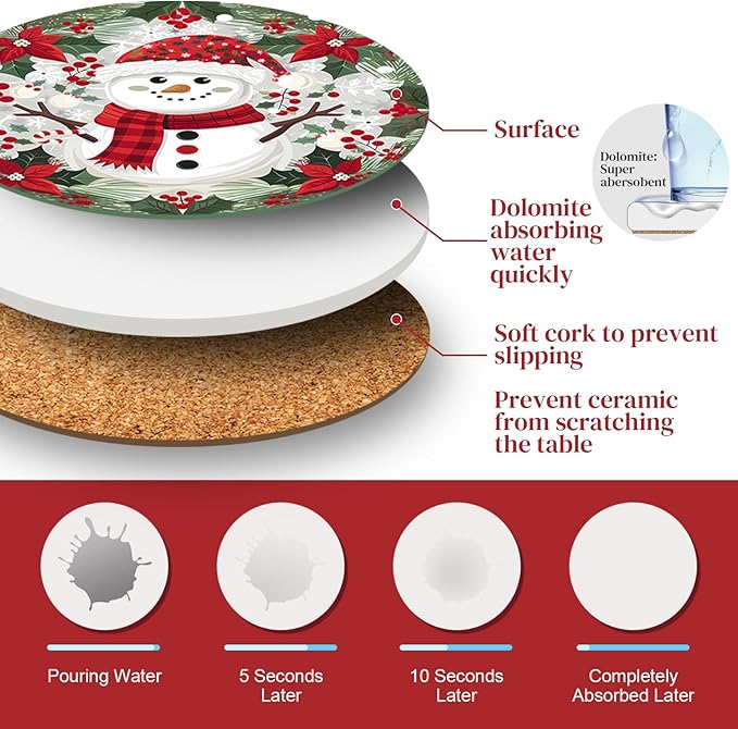 Christmas Coasters with Metal Holder Vintage Santa Drink Coasters Coasters Round Absorbent Ceramic Stone Coaster for Home Kitchen Table Decor Set of 6