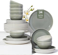 Plates and Bowls Sets for 8, 24 Piece Dinnerware Set for Large Families & Entertaining, Elegant Design, Dishwasher & Microwave Safe, Chip Resistant and Durable, Gray Green