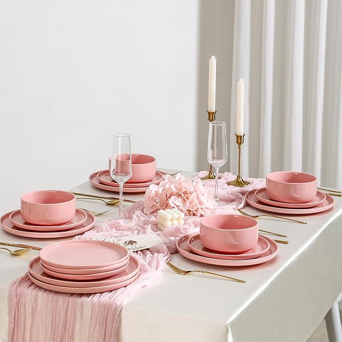 GZG Modern Art Series - 24 Pcs Speckled Stoneware Plates and Bowls Sets, Ceramic Dinnerware Set with Rustic Terracotta Underside, Microwave and Dishwasher Safe Handcrafted Dishes Set - Blush Pink