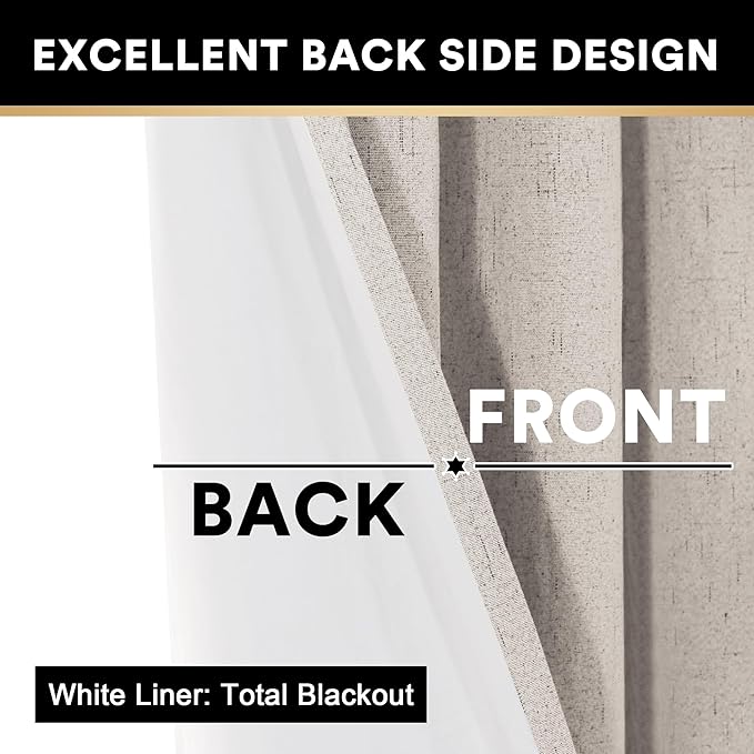 PrinceDeco Primitive Textured Linen 100% Blackout Curtains for Bedroom/Living Room Energy Saving Window Treatment Curtain Drapes, Burlap Fabric with White Thermal Insulated Liner (42 x 84in, Natural)