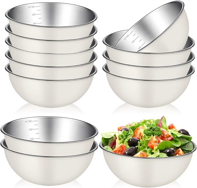 12 Pcs 0.74qt Stainless Steel Mixing Bowls Nesting Metal Prep Salad Bowls with Scale Reusable Baking Cooking Food Soup Storage Organizers for Kitchen Refrigerator