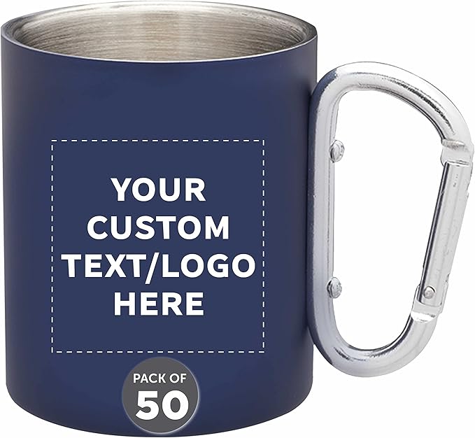 Custom Stainless Steel Mugs with Carabiner Handle 10 oz. Set of 50, Personalized Bulk Pack - Perfect for Coffee, Soda, Other Hot & Cold Beverages - Navy Blue