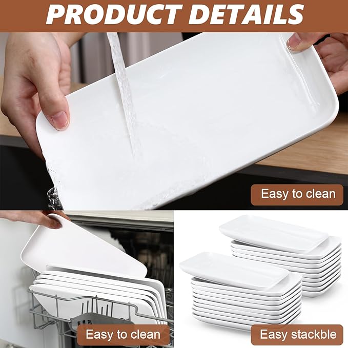 Irenare 20 Pcs 9 Inch Rectangular Salad Plates White Rectangular Porcelain Dessert Plates Appetizer Serving Tray Porcelain Platters for Fruit Sushi Dinner Parties, Microwave, Oven Safe