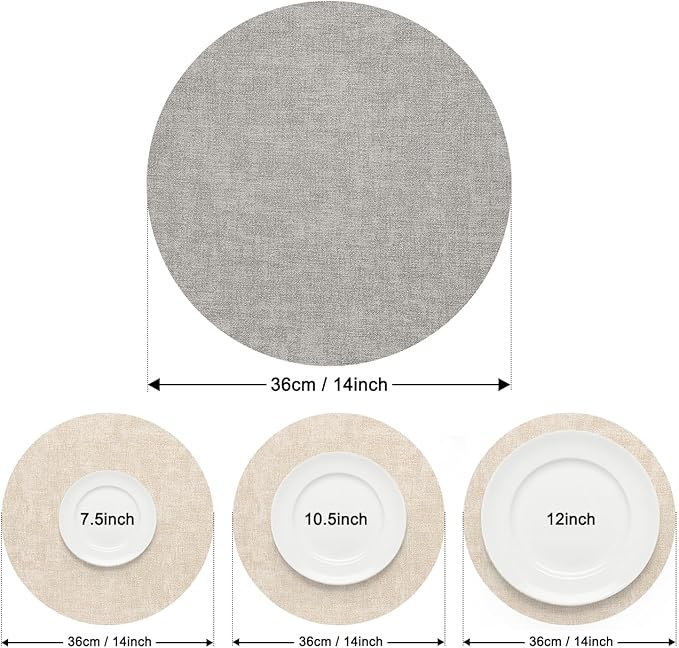 Myir JUN Reversible Vinyl Round Placemats Set of 4, Faux Leather Place Mats Dual Sided Waterproof Wipeable, Heat-Resistant Table Mats for Kitchen Dining Indoor Outdoor (14", Light Gray Cream-White)