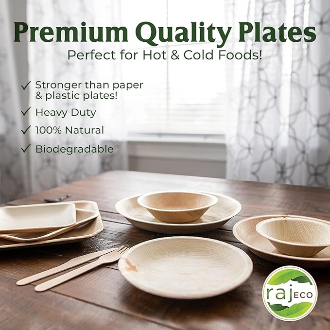 Raj Palm Leaf Plates [50-Pack] 10" Round Plates (4 CASES - 200 PACK) like Bamboo plates Disposable, Strong, Decorative Compostable Tableware for weddings, Lunch, Dinner, Birthday, Camping, Outdoor