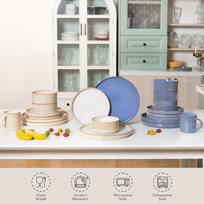 Romswi Stoneware 18Pcs Dinnerware Sets, Ceramic Plates and Bowls Set for 6, Chip & Scratch Resistant Ribbed Dish Set, Handmade Reactive Glaze, Oven, Microwave & Dishwasher Safe, Cappuccino White
